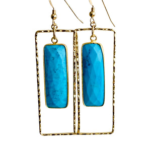 gold rectangle earring with turquoise